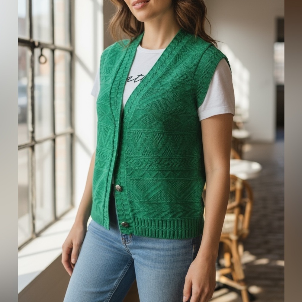 Vintage Forest Green Cableknit Sweater Vest Waistcoat Button Front S/M Fisherman